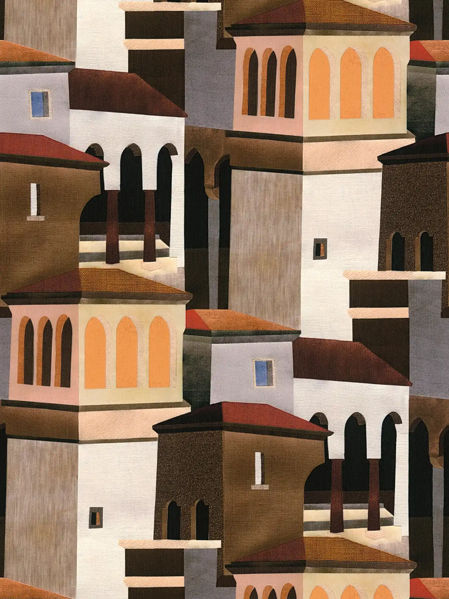         Non-woven wallpaper with stylised city motif finely designed and with a matt finish - white, beige, brown
    