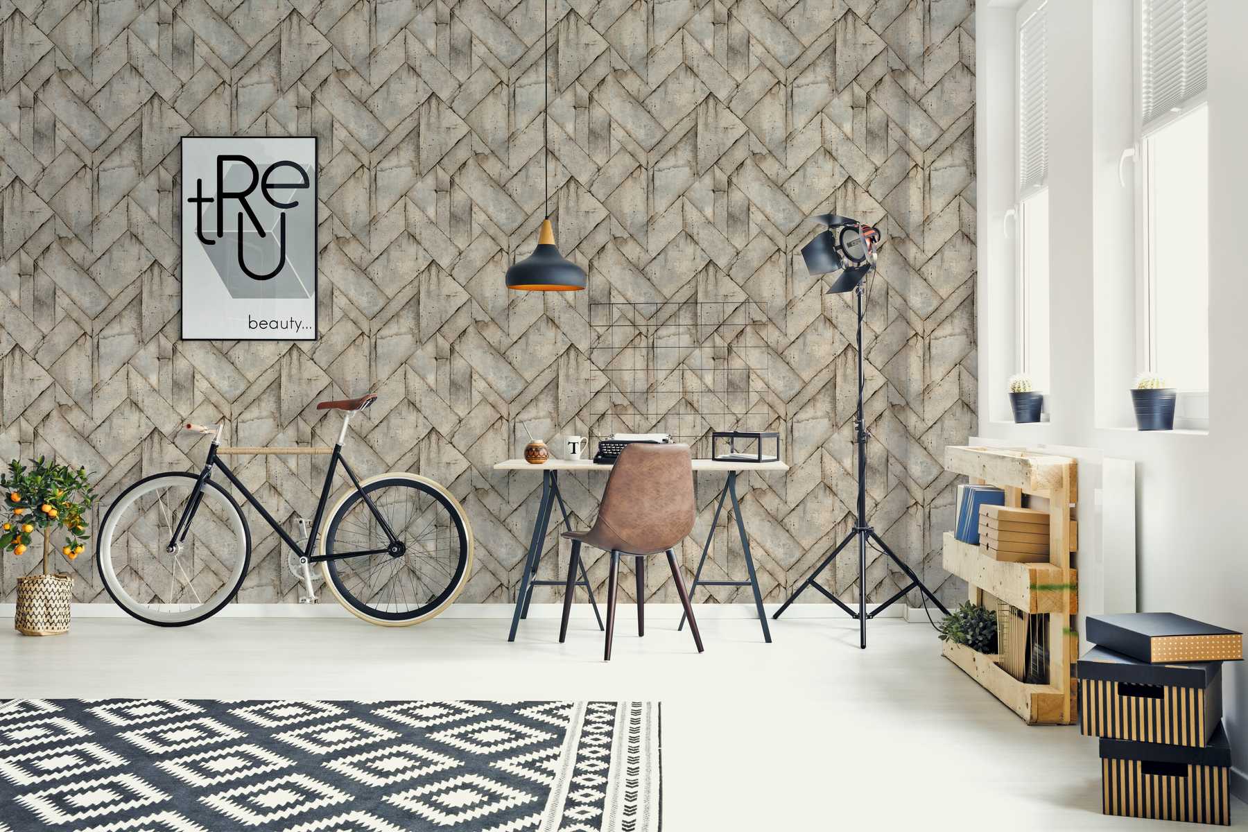             Betonoptik Tapete rustikal & geometrisches Design – Beige, Braun, Grau
        
