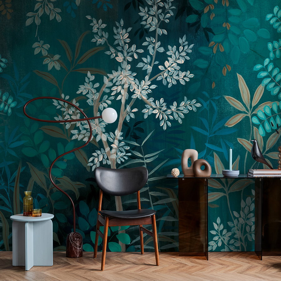 wandtapete, dekoration, pflanzen, stuhl, beistelltisch