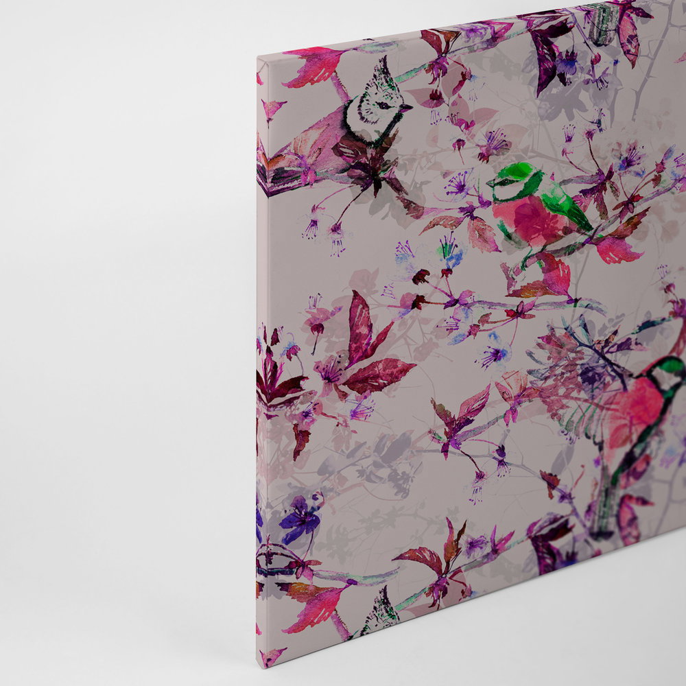 Vögel Leinwandbild im Collage Stil | rosa, blau – 0,90 m x 0,60 m