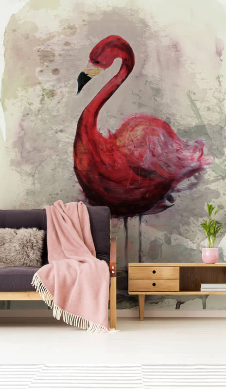             Watercolour mural with flamingo motif in drawing style
        