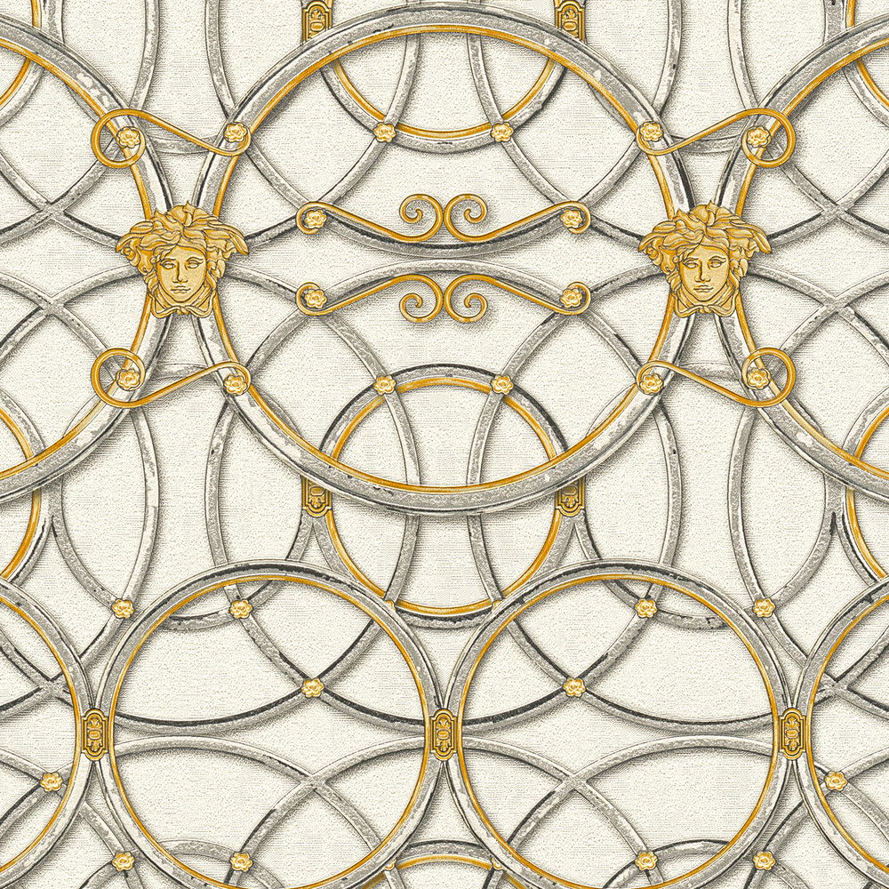             VERSACE Home Tapete Kreismuster und Medusa – Gold, Silber, Weiß
        