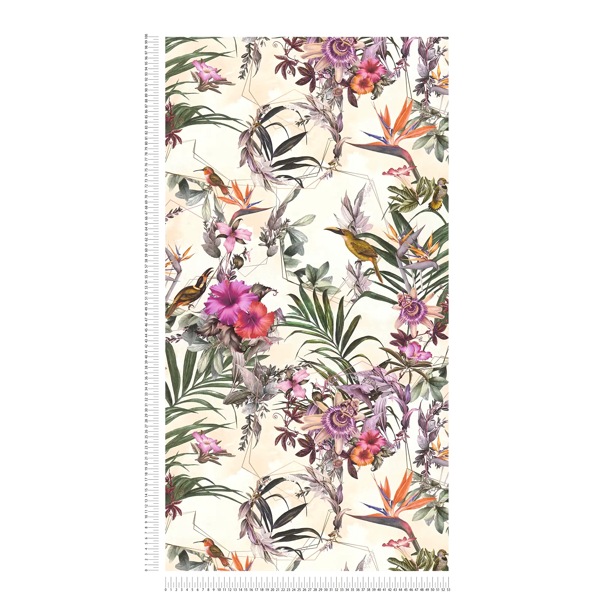             Design wallpaper flowers & birds in Art style - beige, green, pink
        