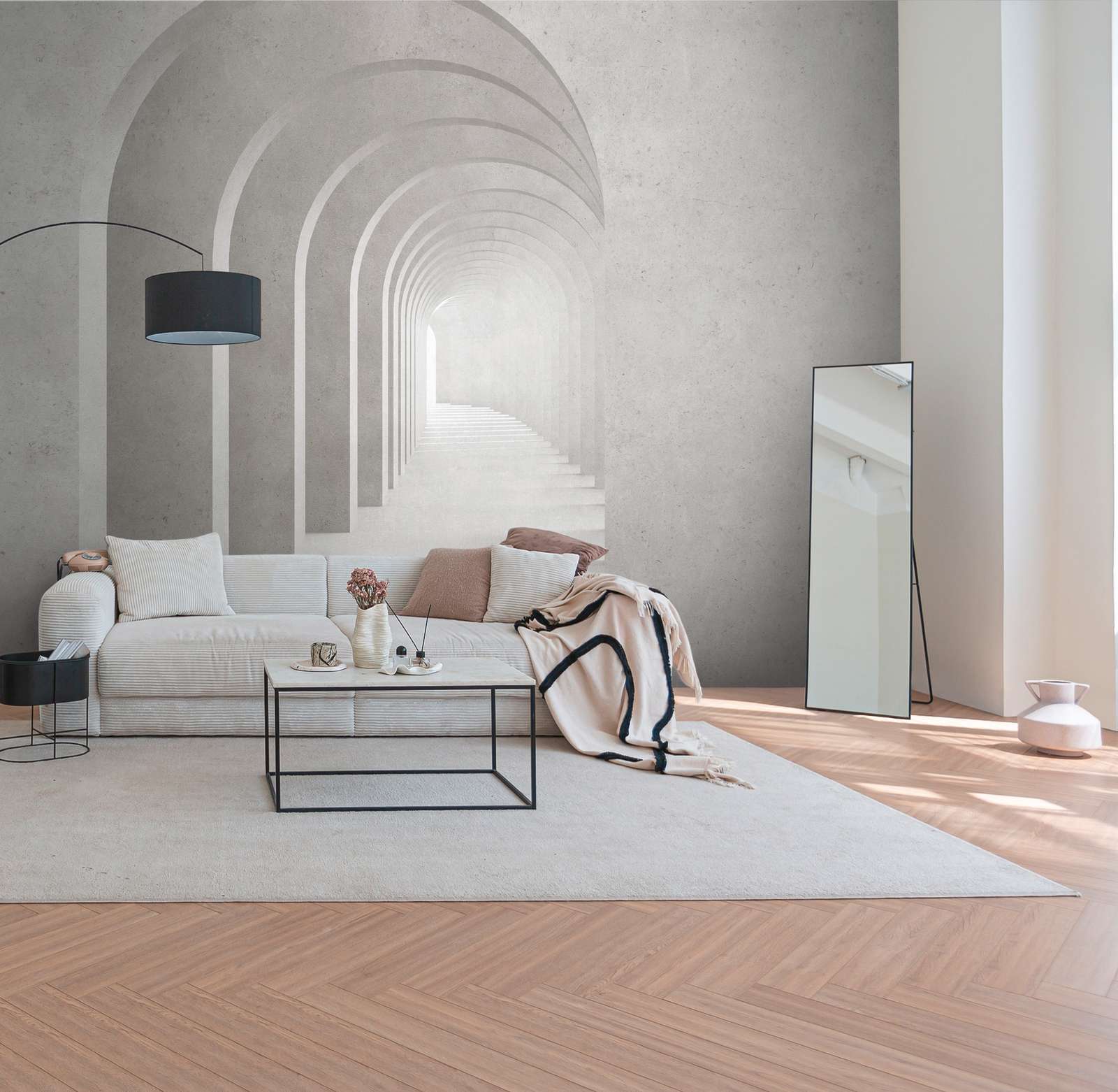 Carta da parati architettonica 3D con archi e scale infinite con effetto dinamico di profondità come carta da parati in tessuto non tessuto grigio,