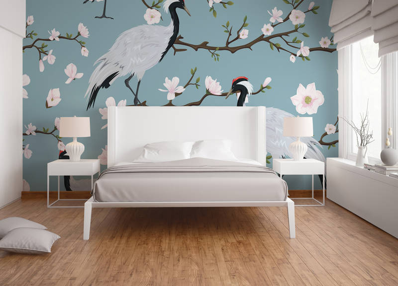             Kranich Fototapete im japanischen Stil – Blau, Weiß
        