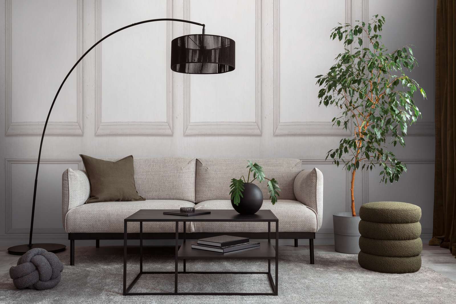 sofa, wohnzimmer, couchtisch, pflanze, lampe
