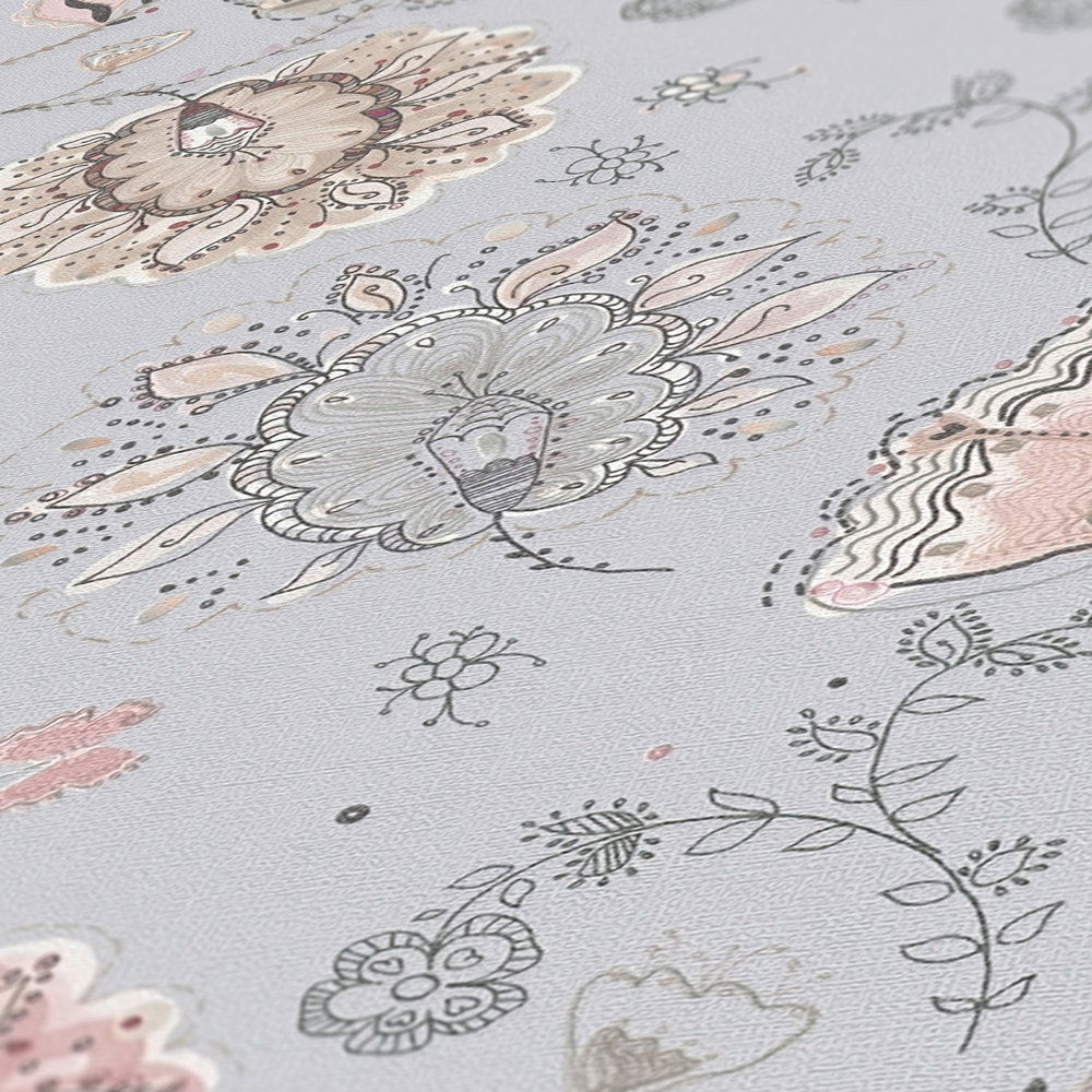             Vliestapete mit abstrakten Blumenmuster feiner Struktur – Grau, Beige, Creme
        