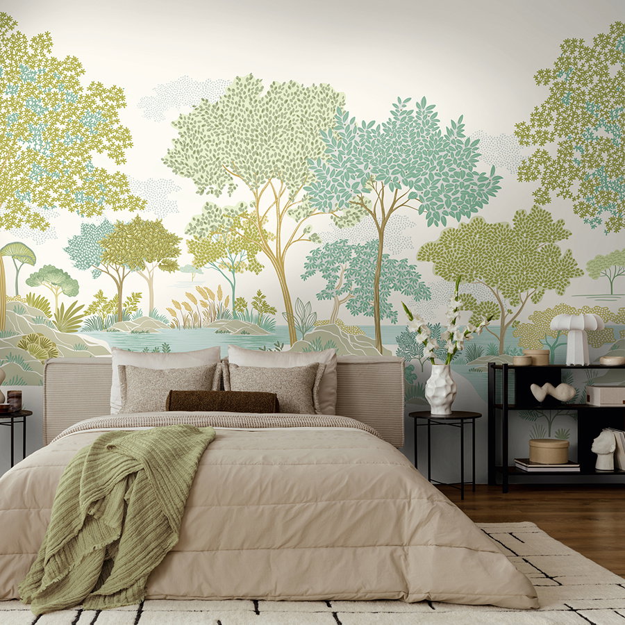 Bett, Wandmalerei, Bäume, Landschaft, neutrale Farben