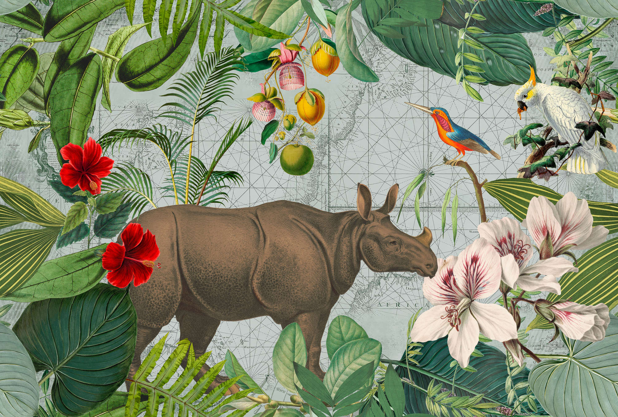 nachhaltiges collage, wildlife collage, tierische szene, dschungel motif, hippopotamus