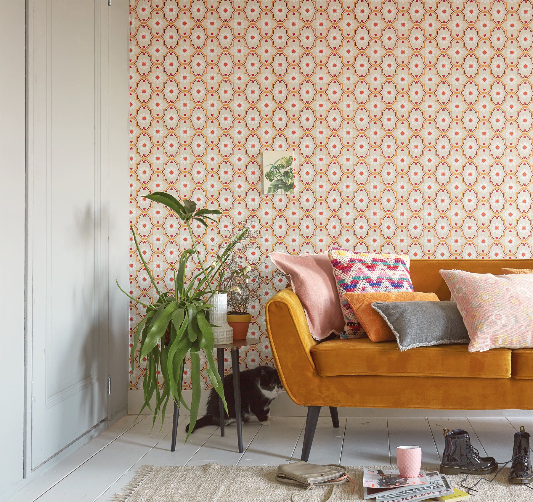 Retro design living room with matching 70s floral wallpaper AS369722