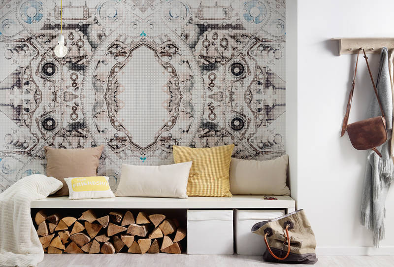             Technik Motiv Fototapete – Vliestapete im symmetrischen Mechanik Look – Grau, Weiß
        