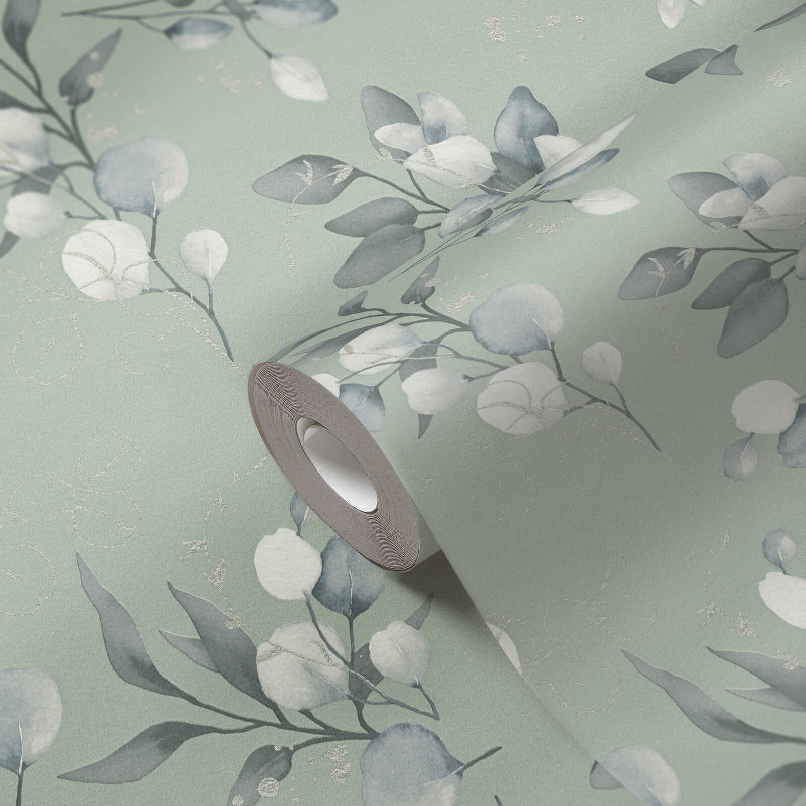 Glad vliesbehang met een elegant bloemendessin - groen, grijs, blauw