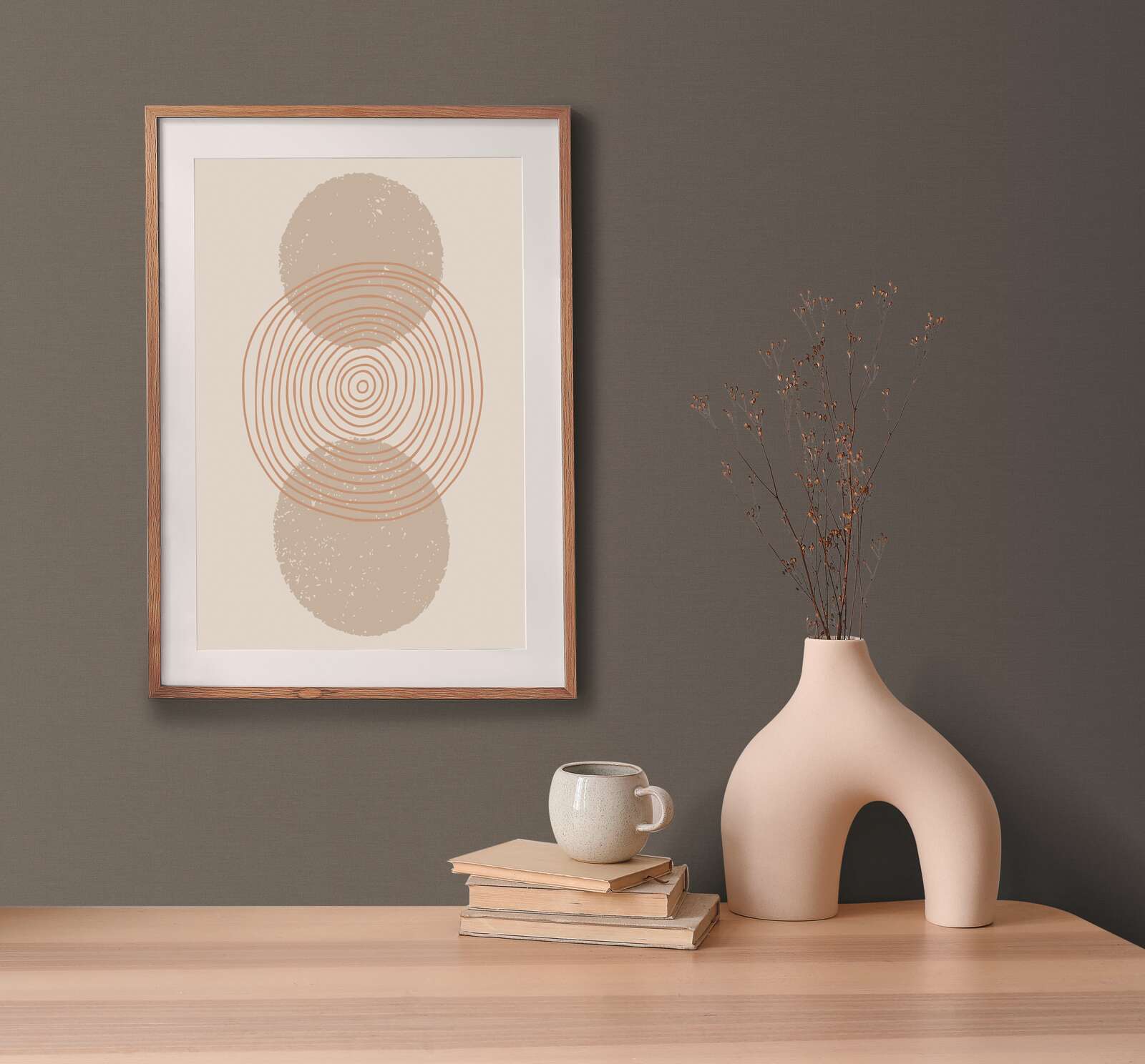 abstrakte kunst, gerahmter druck, geometrische kreise, neutrale dekoration, vase mit zweigen