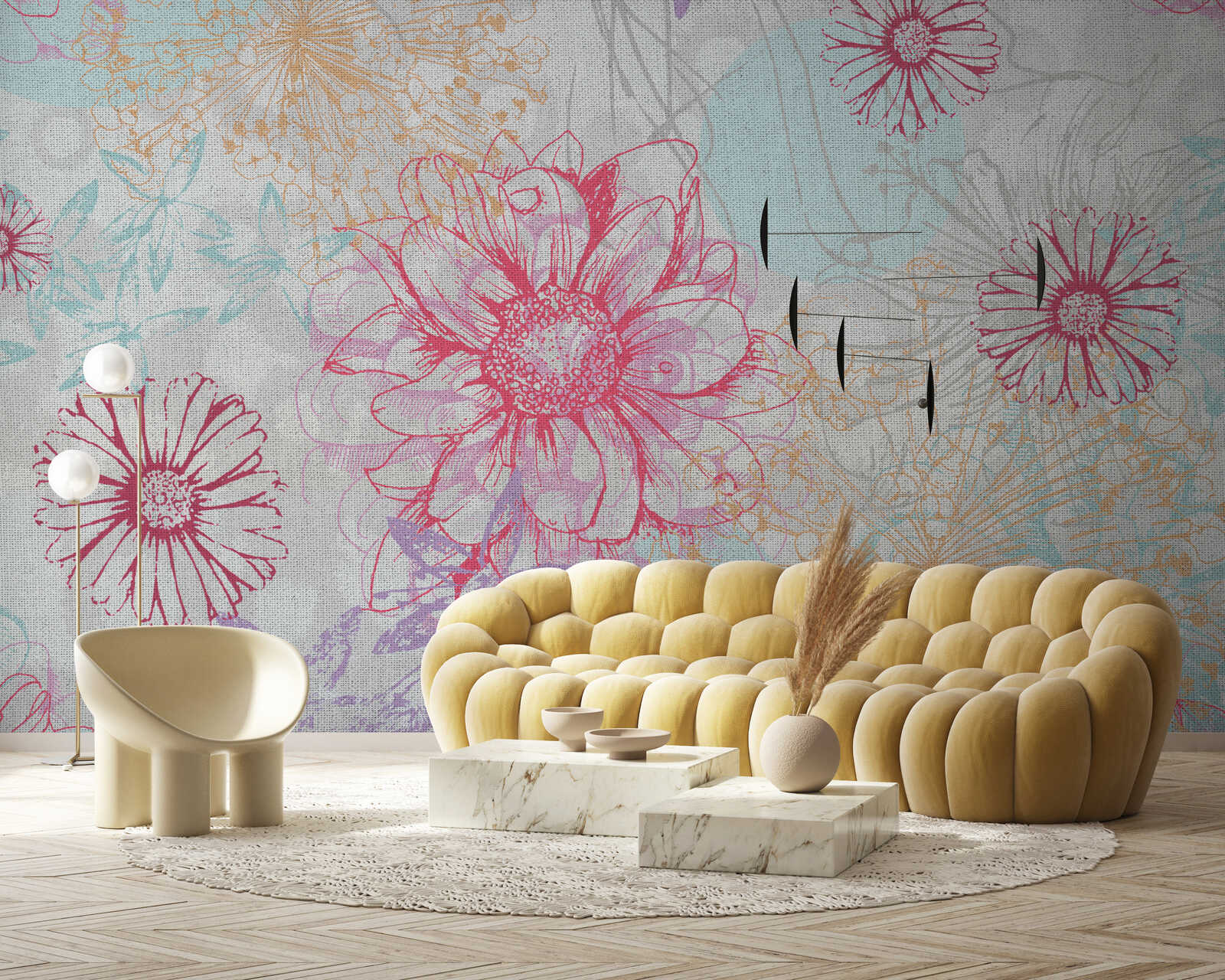 Wanddeko, Tapete, Wohnzimmerwand, Blumenmuster, Rosa Gelb Beige