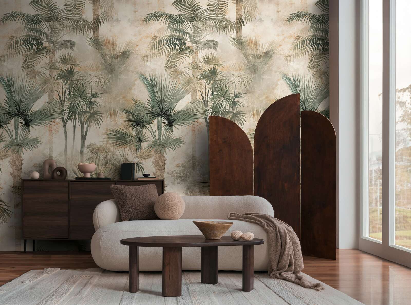 Sofa, Couchtisch, Wandtapete, Raumteiler, Dekoration