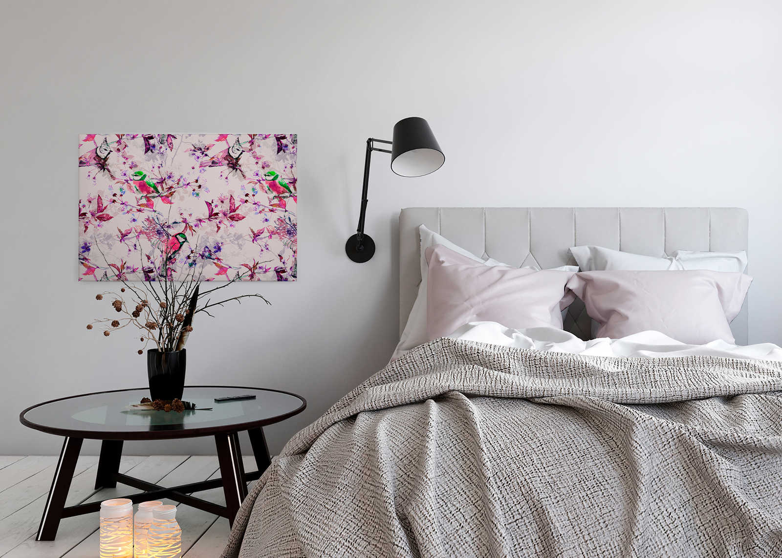 Vögel Leinwandbild im Collage Stil | rosa, blau – 0,90 m x 0,60 m