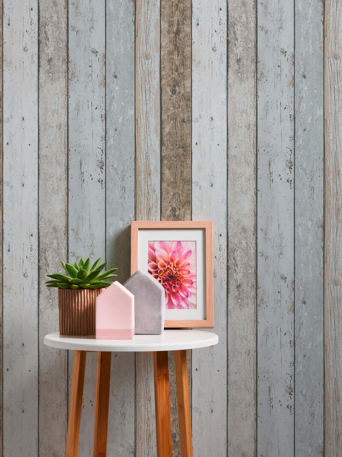 Holztapete im Shabby Chic &amp; Boho Stil – Blau, Braun