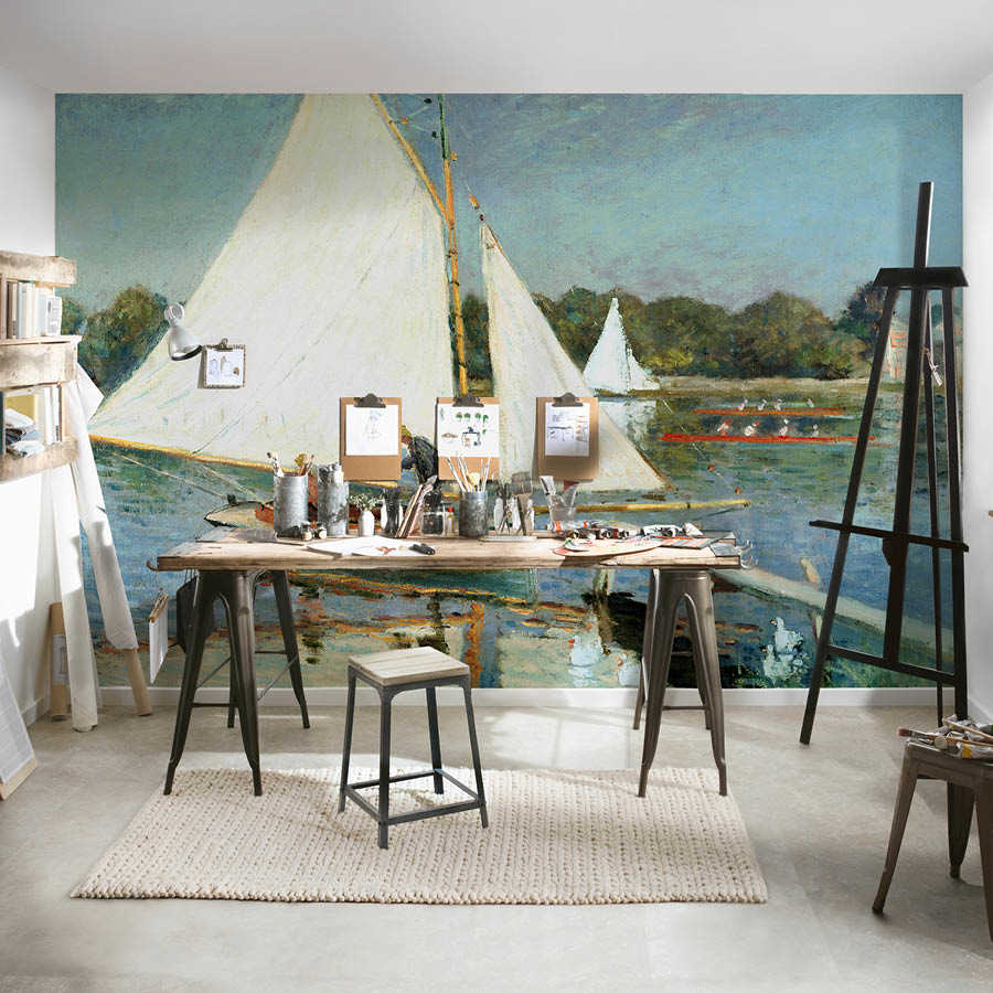 atelier, malzimmer, leuchtendes-segelboot, farbiges-wasserbild, künstlerisches-studio