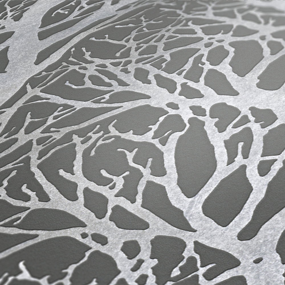             Anthrazit Tapete mit Ast-Motiv & Metallic-Effekt – Silber, Grau
        