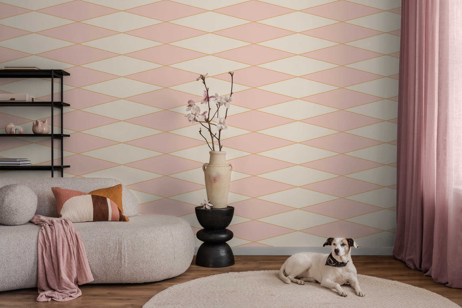 pinkem Diamant-Wandtapete, geometrisches Muster, Wohnzimmer-Dekoration, Orchideen-Vase, Hund