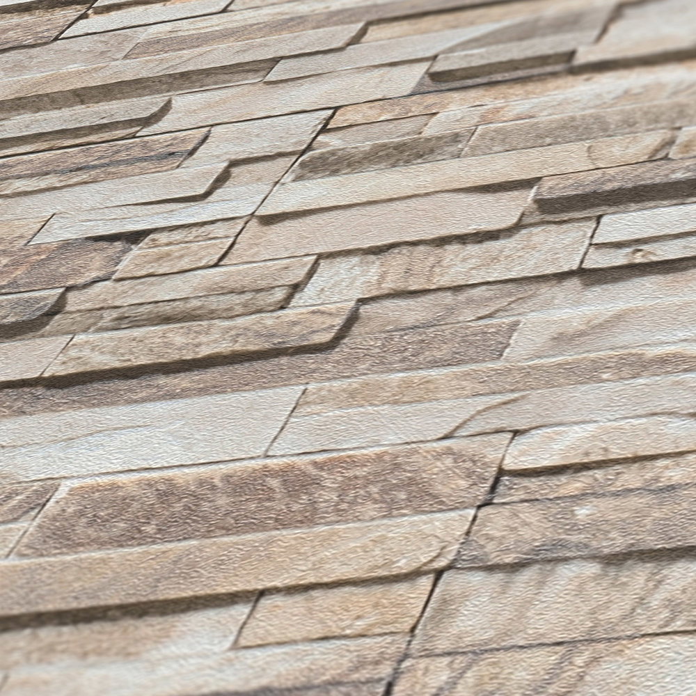             Leicht glänzende Vliestapete mit Steinmauer-Optik – Beige, Braun
        