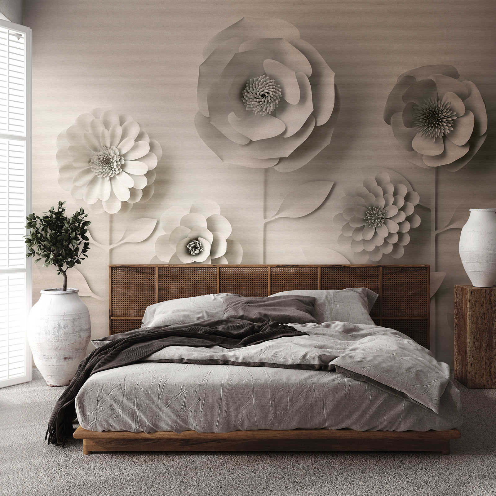         Tapeten Neuheit – 3D Motivtapete mit Papier Blumen, Cremeweiß
    