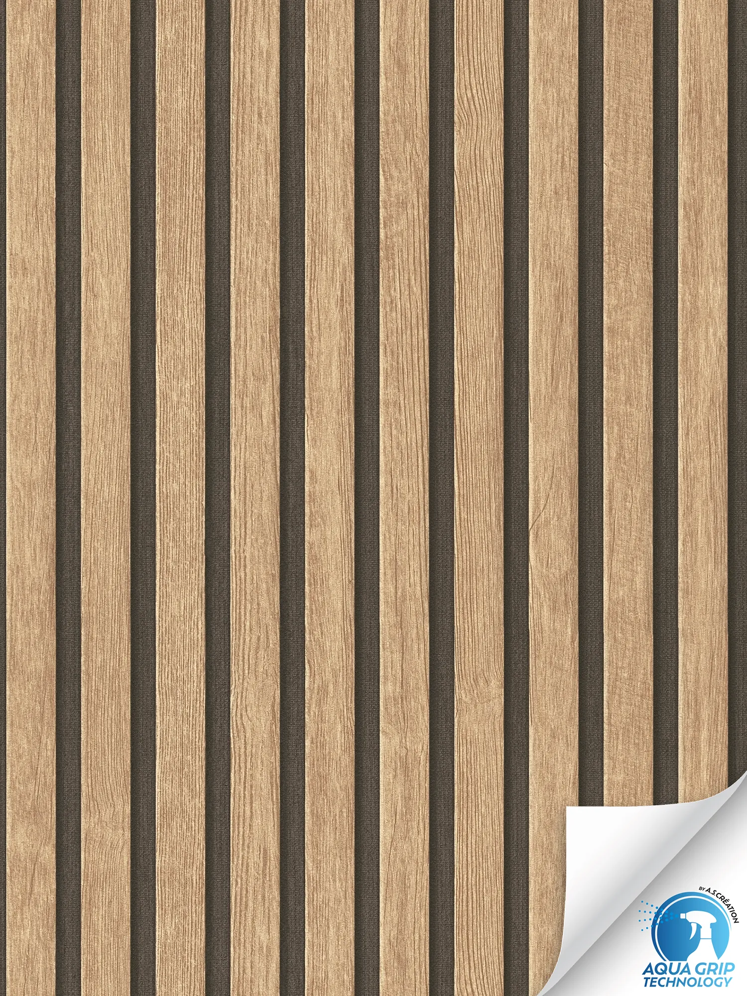 papier peint en papier intissé clair pour panneaux acoustiques avec structure fine, aspect bois et 3D - Water. Fixe. Prêt à l'emploi. - Beige, marron, noir