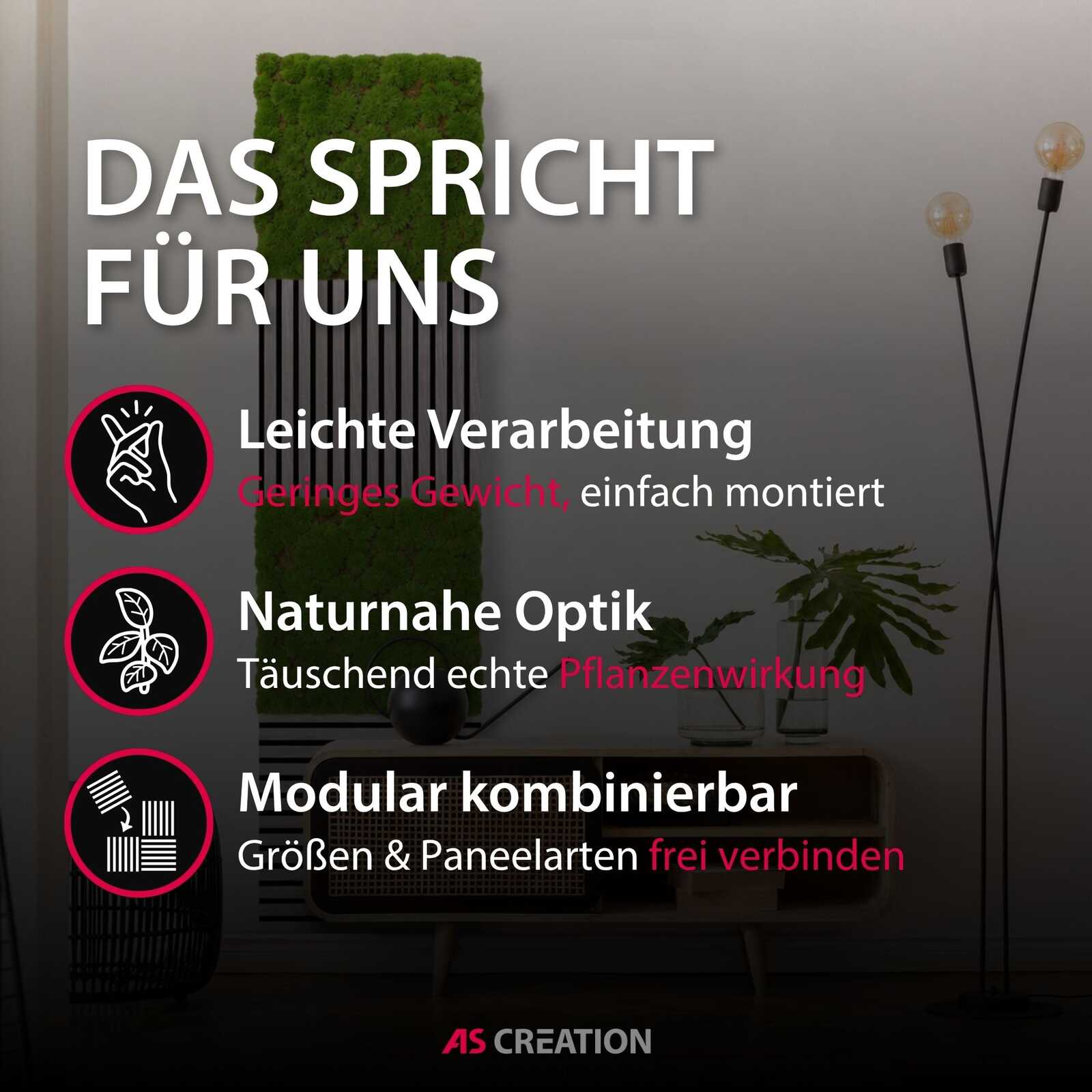 Pflanzenwand, Kunstpflanze, Moosplatte, Wanddekoration, Modulare Systeme