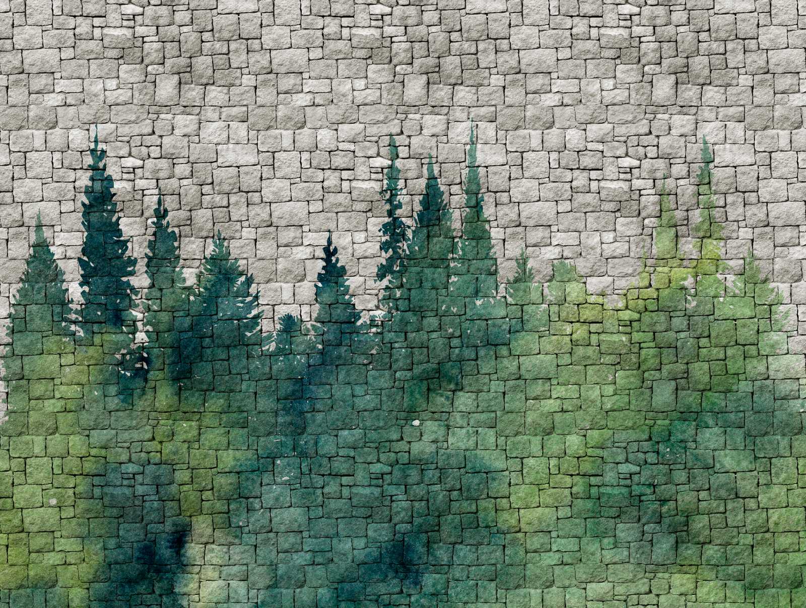             Tapeten-Neuheit | Motivtapete Steinwand Muster & Aquarell Wald
        