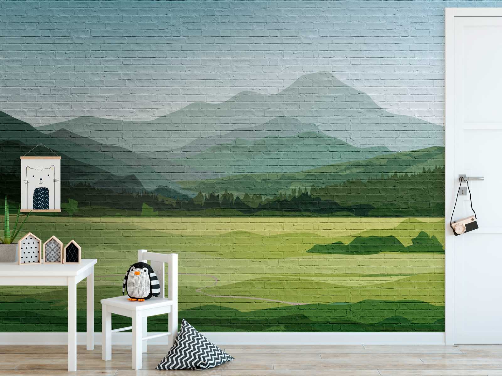             Tapeten Neuheit | Mauerwerk Motivtapete mit Berglandschaft
        