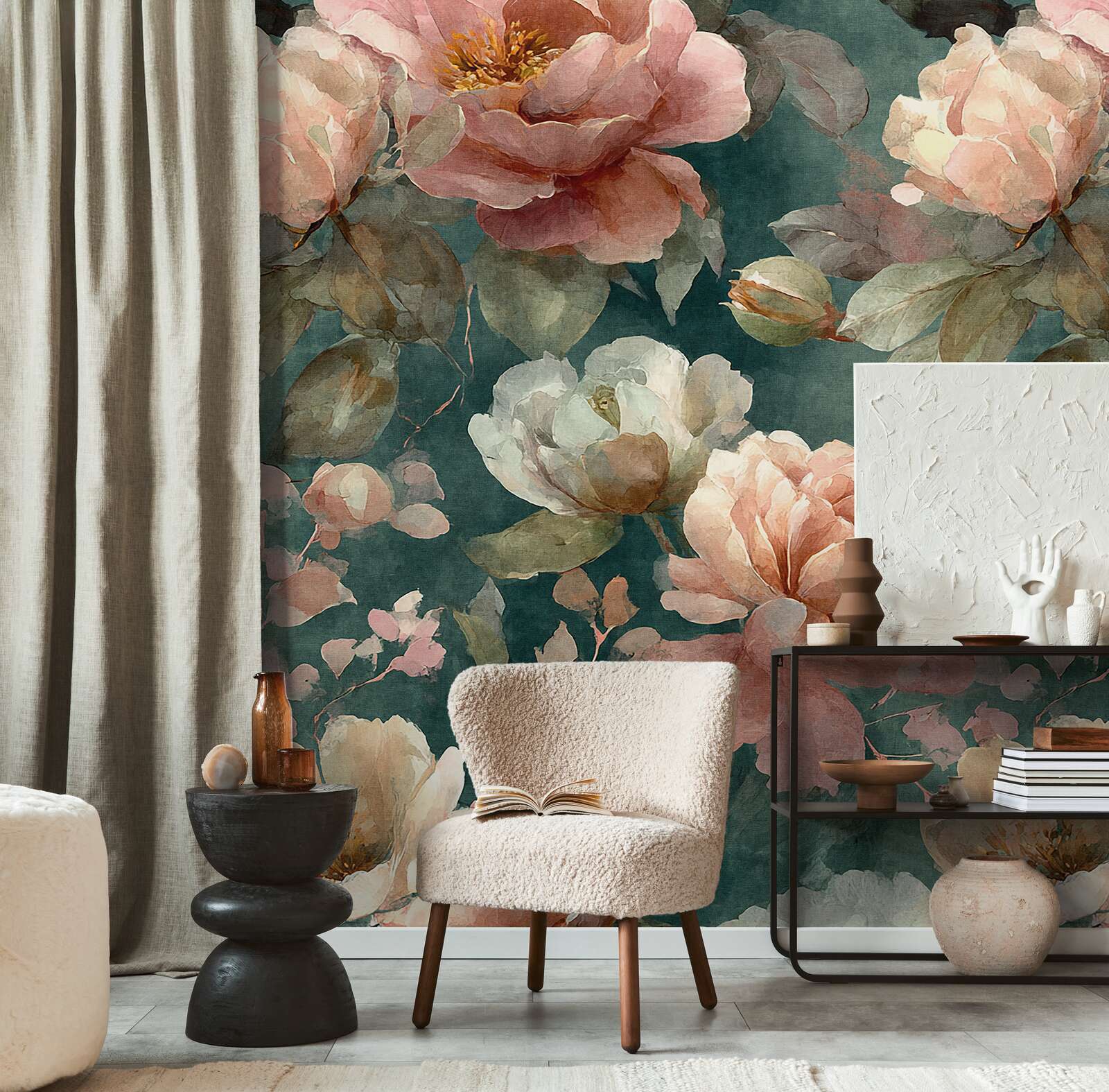 blumiges wandmotiv, blumenmuster, pastellrosa, türkises hintergrund, wohnkultur dekoration