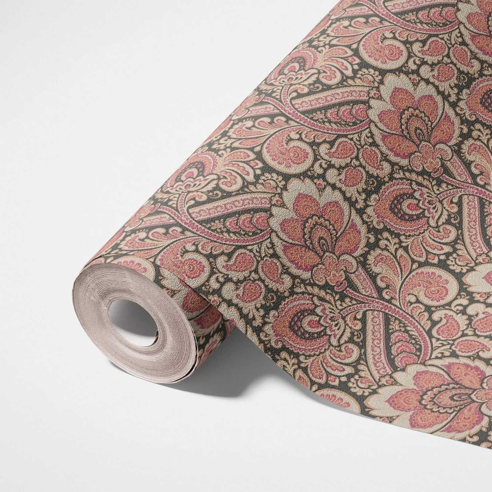             Ornament-Tapete textiles Retro Design – Rot, Orange, Schwarz
        