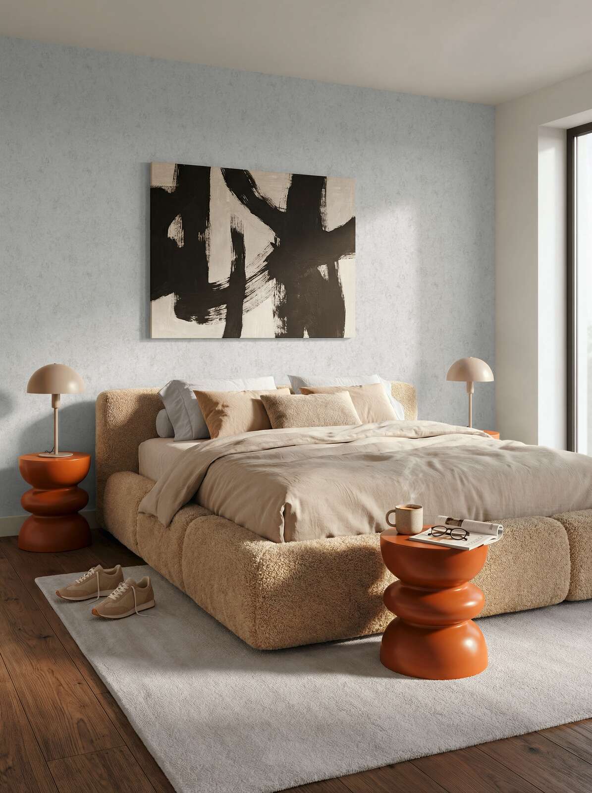 Bett, Bettkopfteil, Bettauflage, Nachttisch, Lampe
