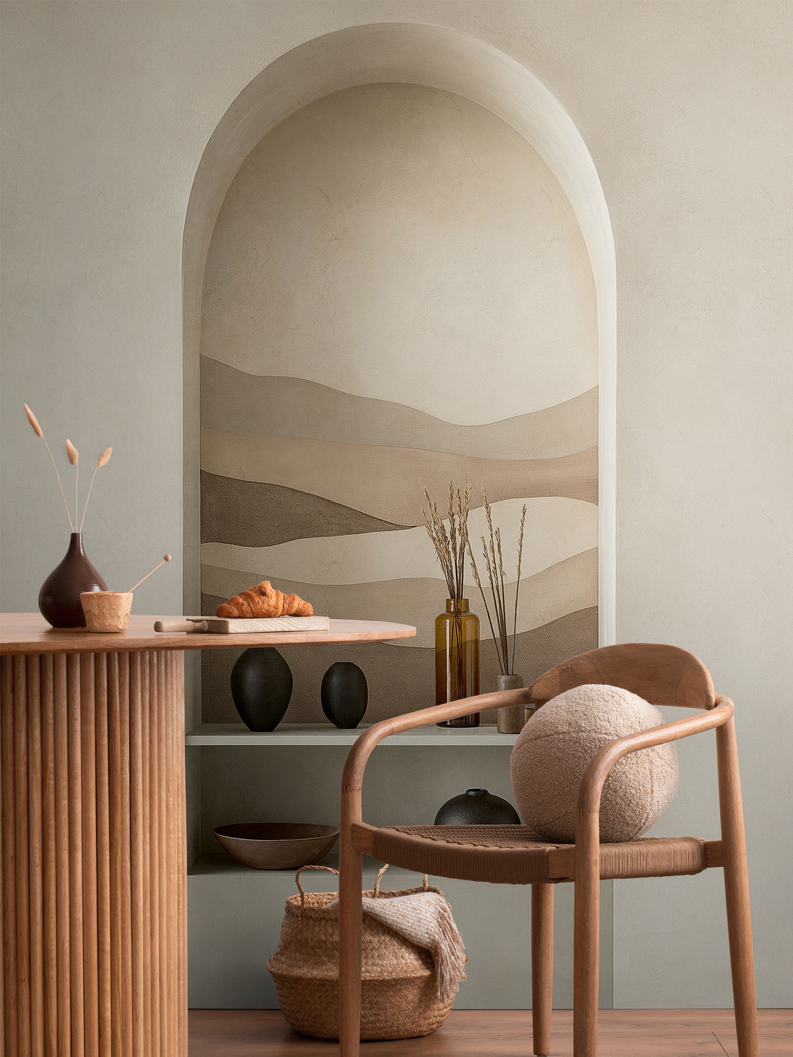 COSMOLiving - motif wallpaper with desert landscape in archway optics - Clay Mirage - beige, brown, cream