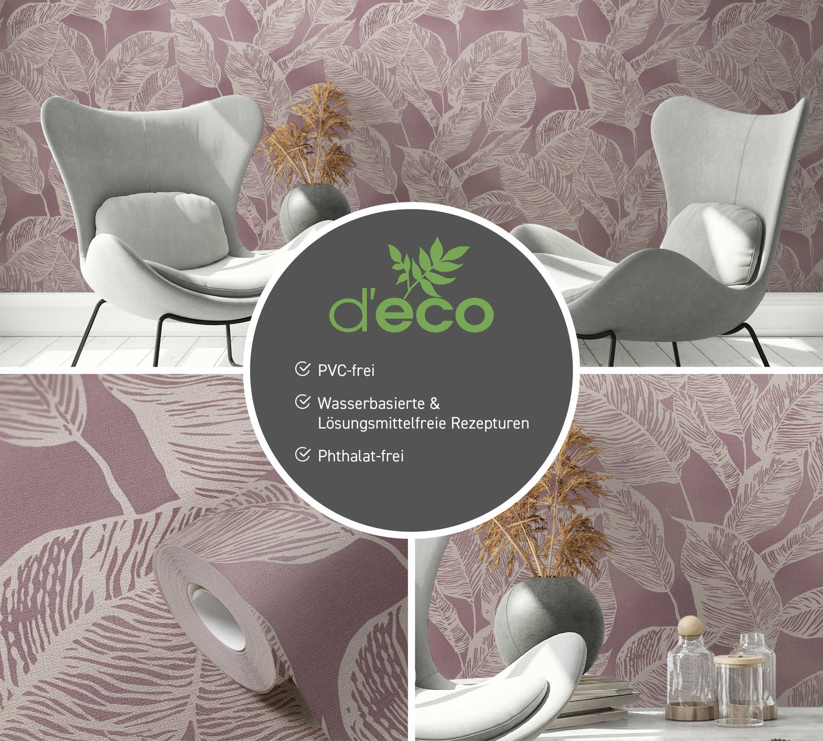             PVC-freie Vliestapete mit Blättermotiv – Rosa, Creme
        