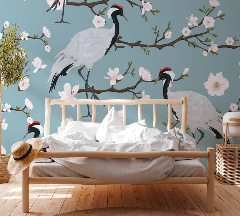             Kranich Fototapete im japanischen Stil – Blau, Weiß
        
