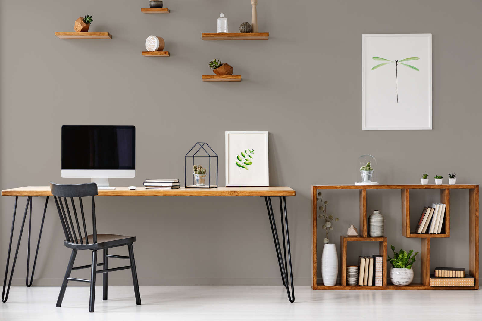 desk, computer, workspace, regal, dekoration