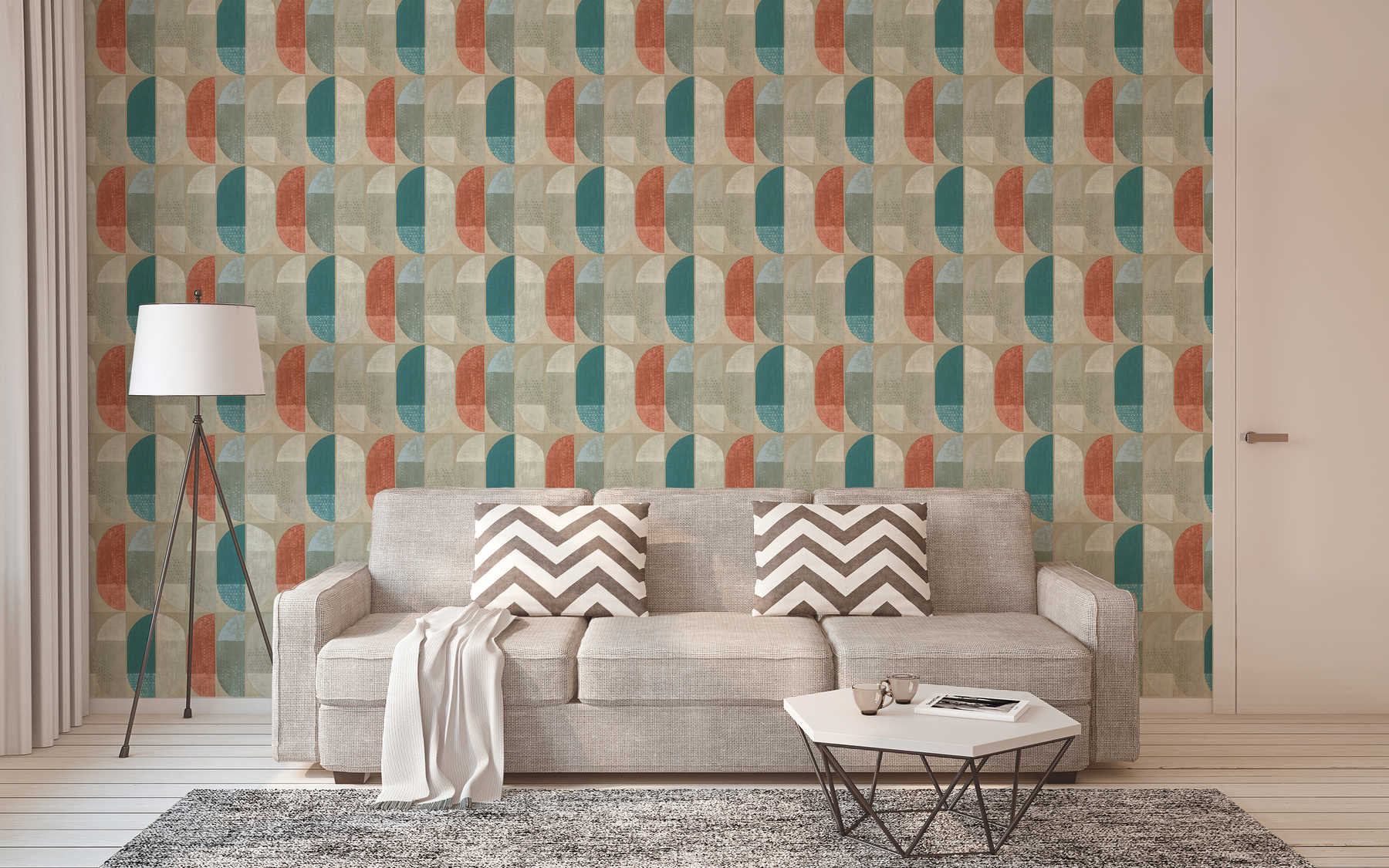             Tapete geometrisches Retro-Muster, Scandinavian Style - Beige, Rot, Blau
        