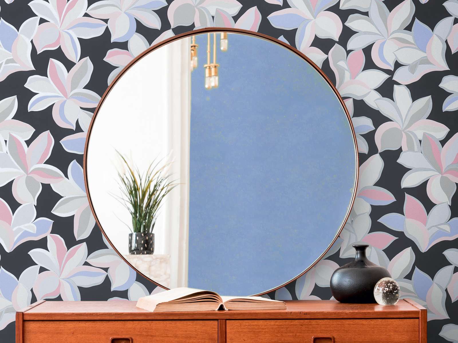 Floral pattern with glossy effect and fine texture - black, grey, pink