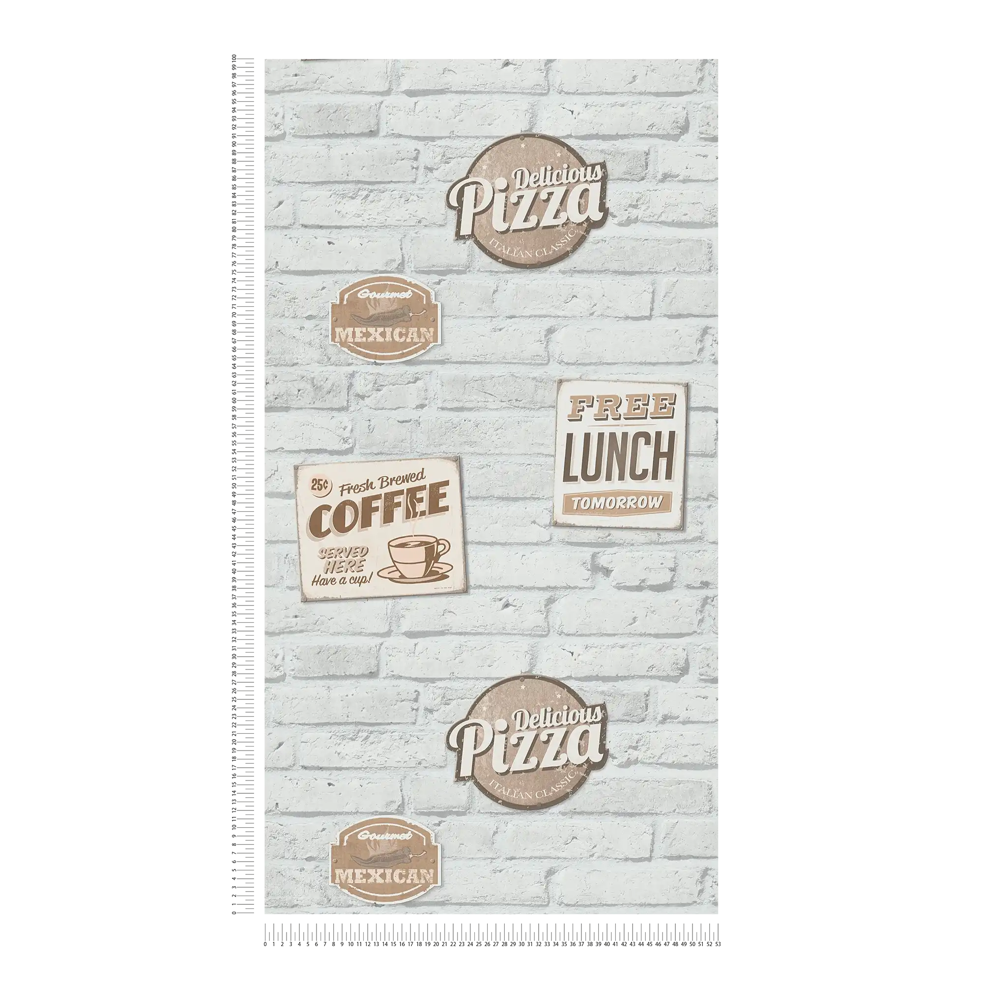             Selbstklebende Tapete | Weiße Ziegelmauer mit Reklameschildern
        