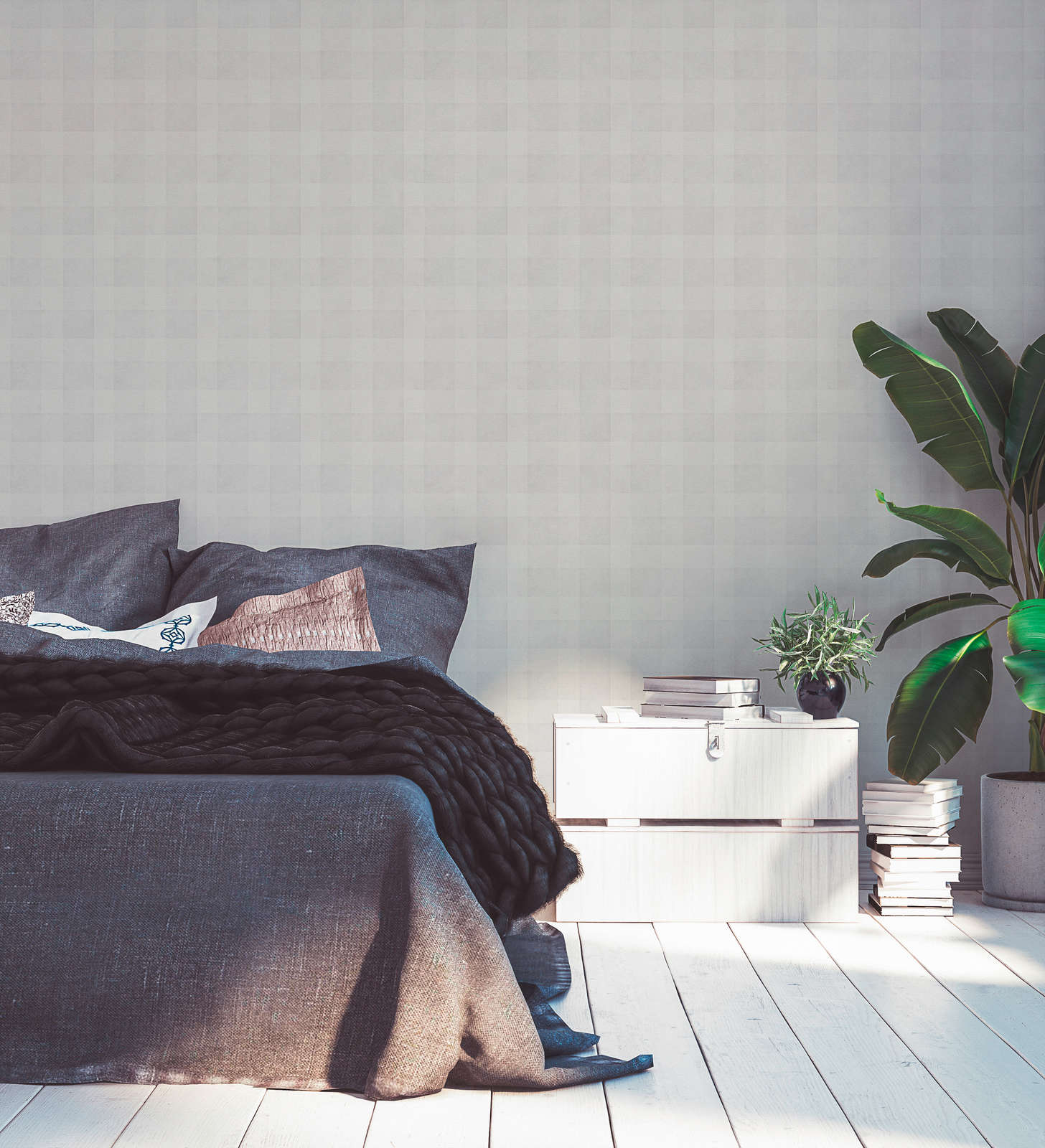             Leinenoptiktapete mit Karomuster PVC-frei – Grau
        