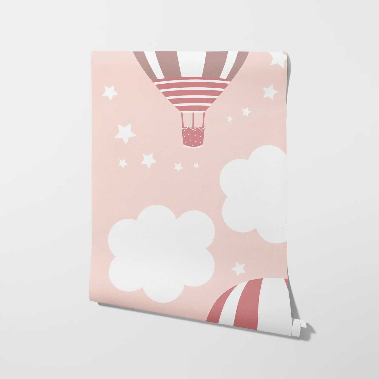             Romantic nursery wallpaper with hot air balloons and starry sky in delicate pastel shades - pink, grey, white
        