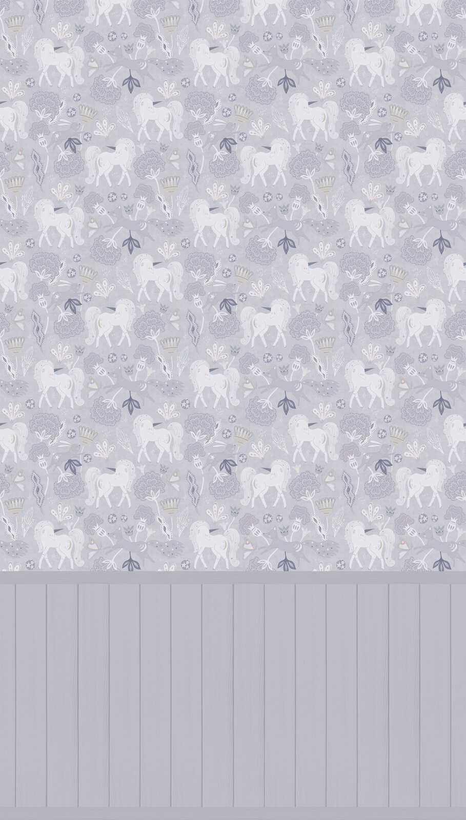 Zauberwald Vliestapeten Panel 159cm Breite x 280cm Höhe – Märchenhafte Einhörner und feine Muster in ruhigen Tönen, glatte Oberfläche – Grau, Rosa, Weiß