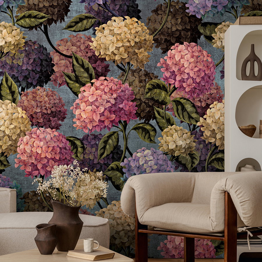Hortensie, Blumenwand, Tapete, Pflanzenmuster, Wohnzimmerdekoration