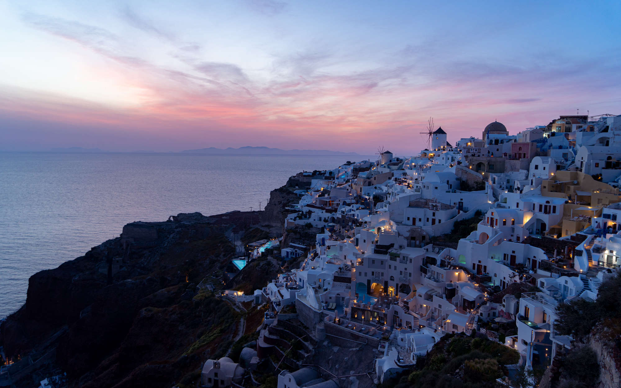            Digital behang Zonsondergang op Santorini - Premium gladde fleece
        