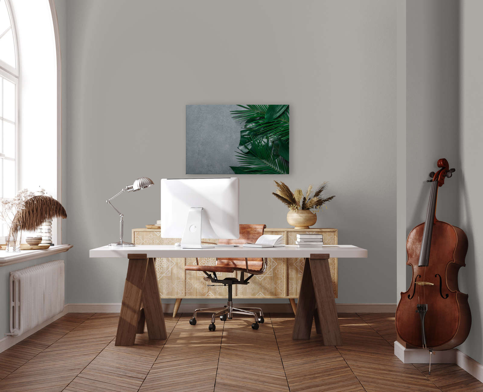             Leinwandbild tropische Blätter auf Betonuntergrund – 0,90 m x 0,60 m
        