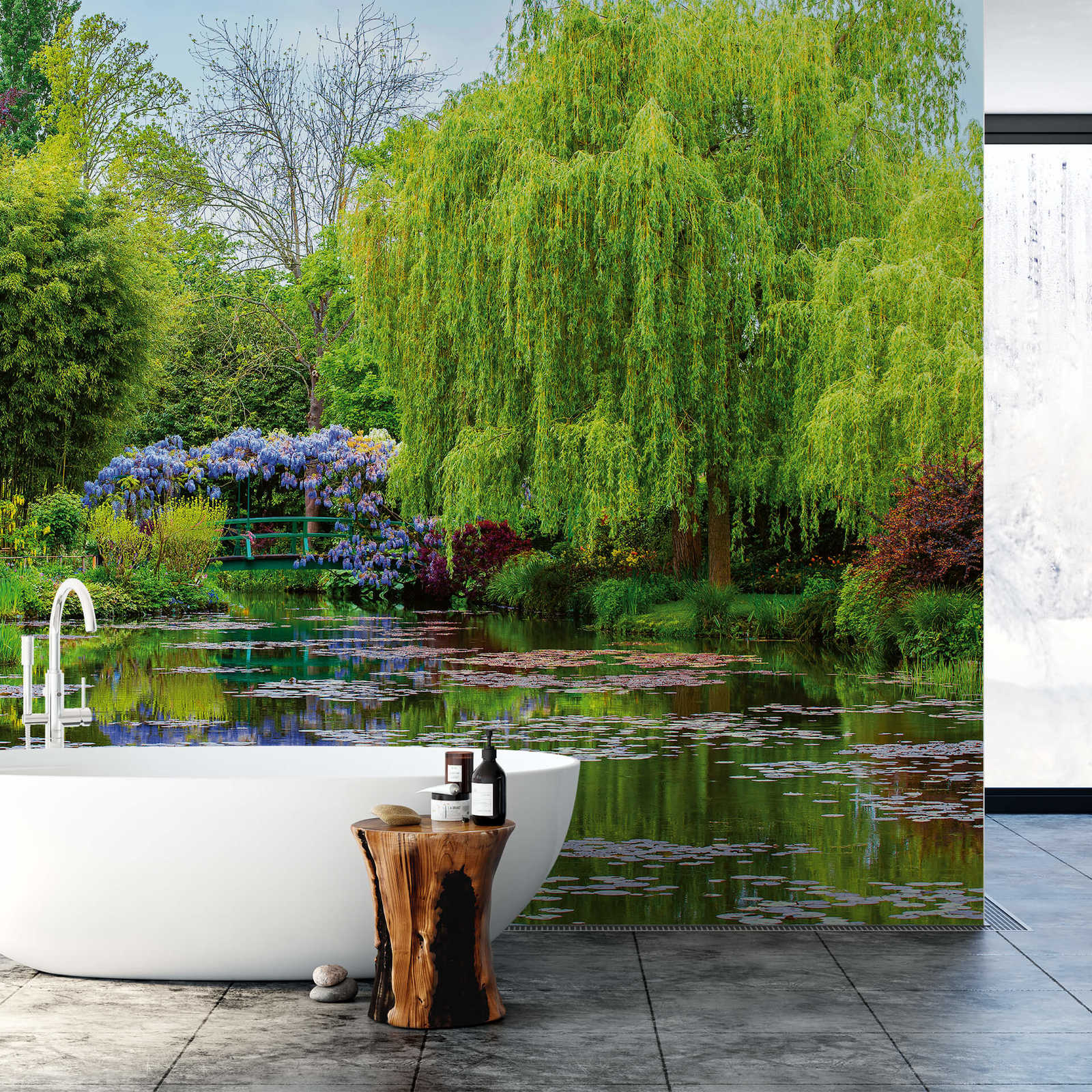             Fototapete Natur Garten mit See – Grün, Rot, Blau
        