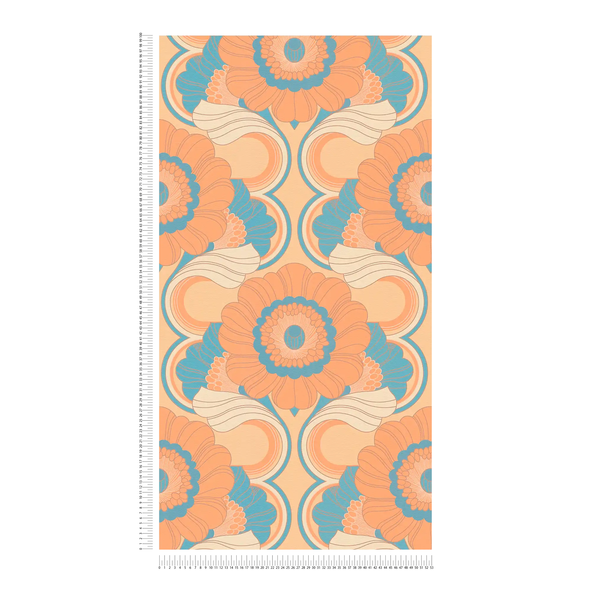             Florale Vliestapete im Retro Stil – Beige, Türkis, Orange
        