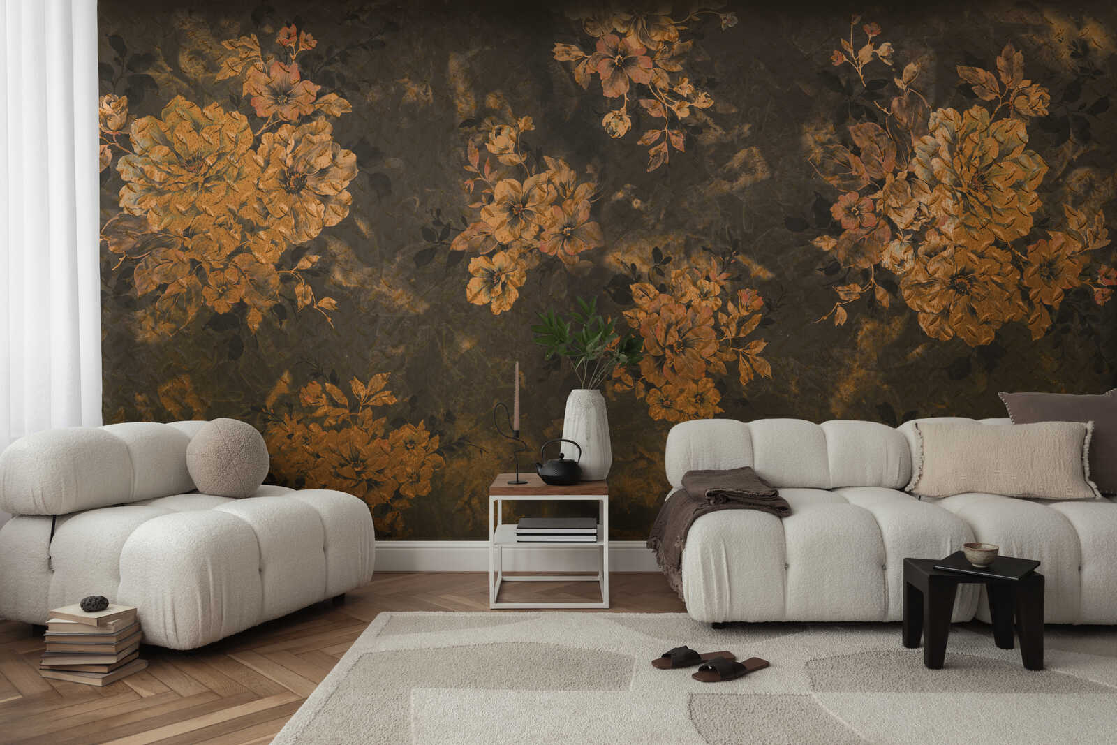 Wandtapete, Blumenmuster, Orange, Wohnzimmer, Sofa