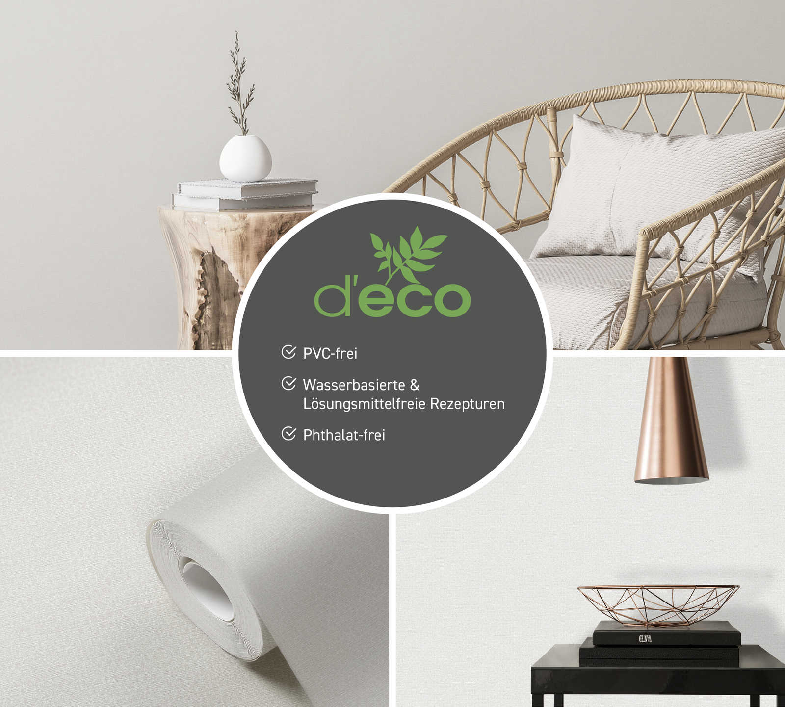             PVC-freie Glanztapete mit getupftem Muster – Grau, Weiß
        